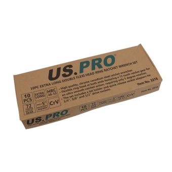 US PRO 2218 10-Pc Extra-Long Double Flexi-Head Ring Ratchet Wrench Set