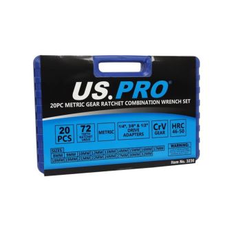 US PRO 3236 20-Pc Metric Gear Ratchet Combination Wrench Set