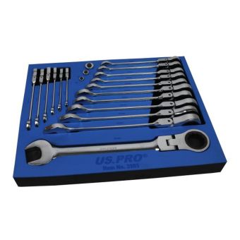 US PRUS PRO 3985 20-Pc Metric Flexi Gear Ratchet Combination Wrench Set