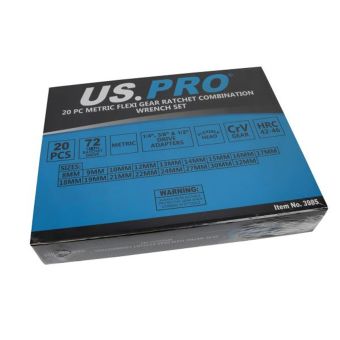 US PRUS PRO 3985 20-Pc Metric Flexi Gear Ratchet Combination Wrench Set