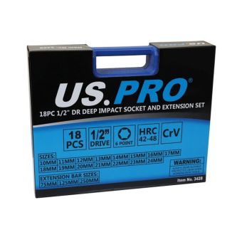 US PRO 3428 18-Pc 1/2″ Drive Deep Impact Socket & Extension Set (10–24 mm, 6-Point)
