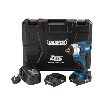 Draper D20 20V Brushless Impact Wrench 1/2 Inch 250Nm with 2 Batteries 55343